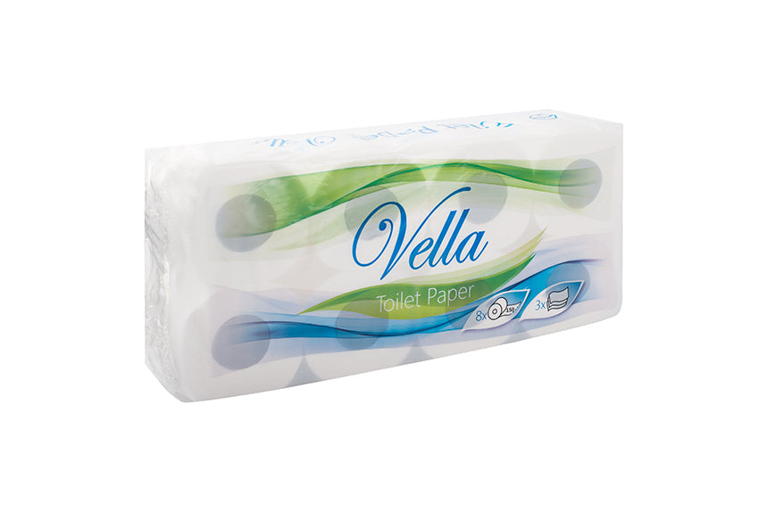 Toilettenpapier 3-lagig hoch weiss 150 Blatt 8x8 Rollen Zellstoff VELLA 64 Rollen