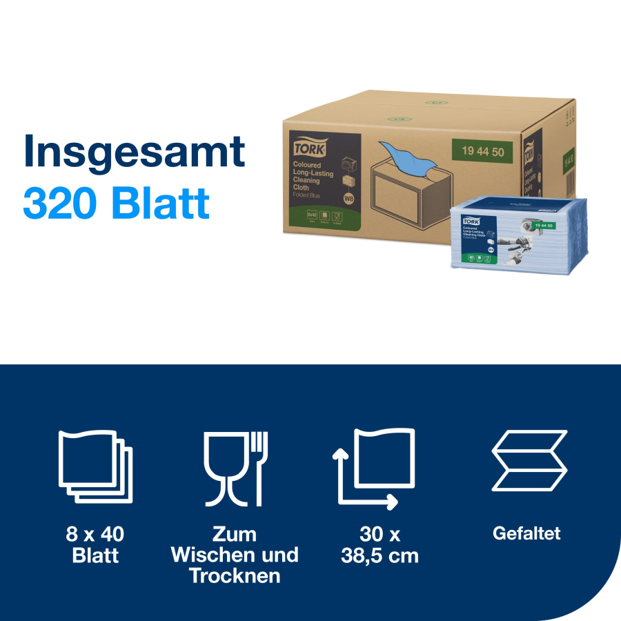 Tork W8 Premium Vliestücher Blau 194450 – 1-lagig, 38 × 30 cm | 8 × 40 Stück (320 Tücher)