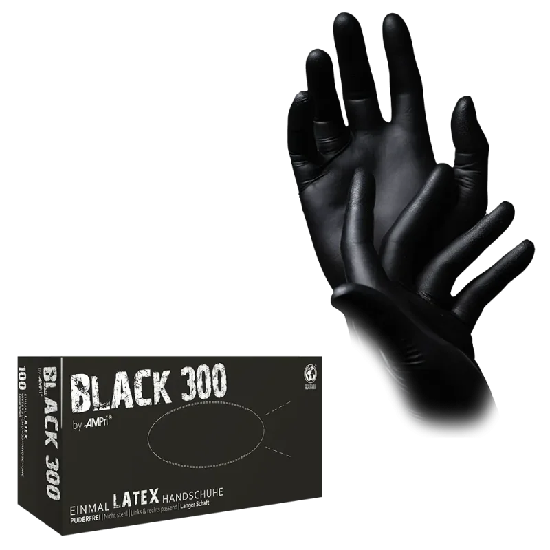 Latexhandschuhe mit Überlänge schwarz, puderfrei, Black 300 Latex