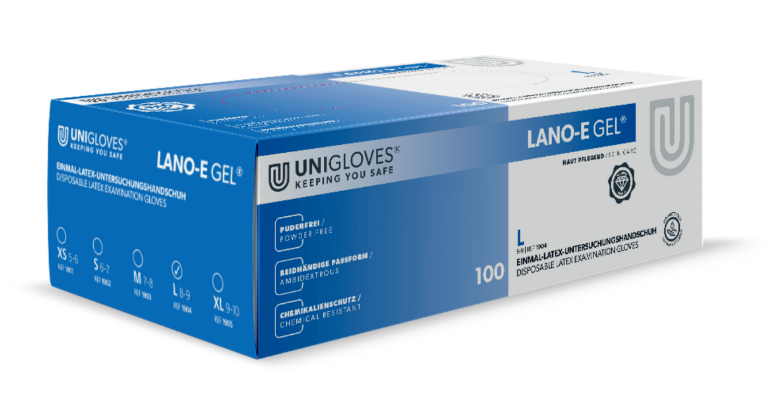 Einmalhandschuhe Unigloves LANO-E-GEL Latex weiß Einweghandschuh puderfrei 100Stk
