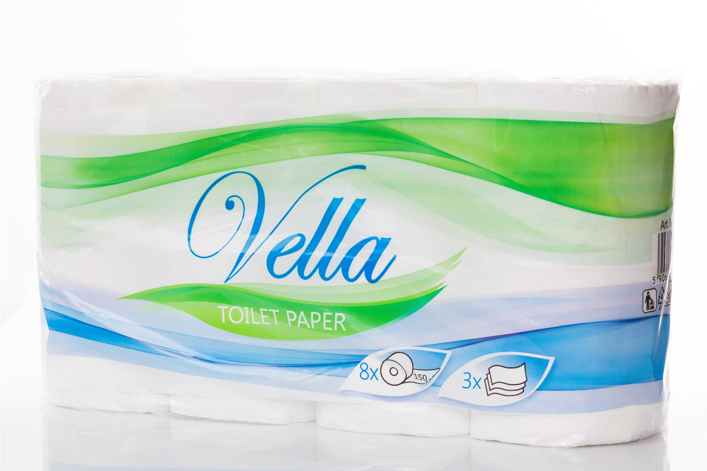 Toilettenpapier 3-lagig hoch weiss 150 Blatt 8x8 Rollen Zellstoff VELLA 64 Rollen